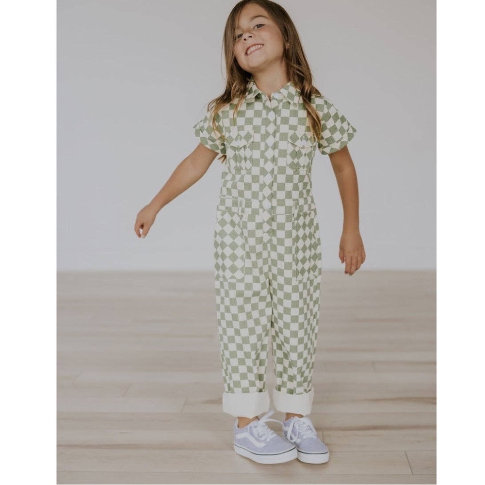 kids green checkered cotton romper‎